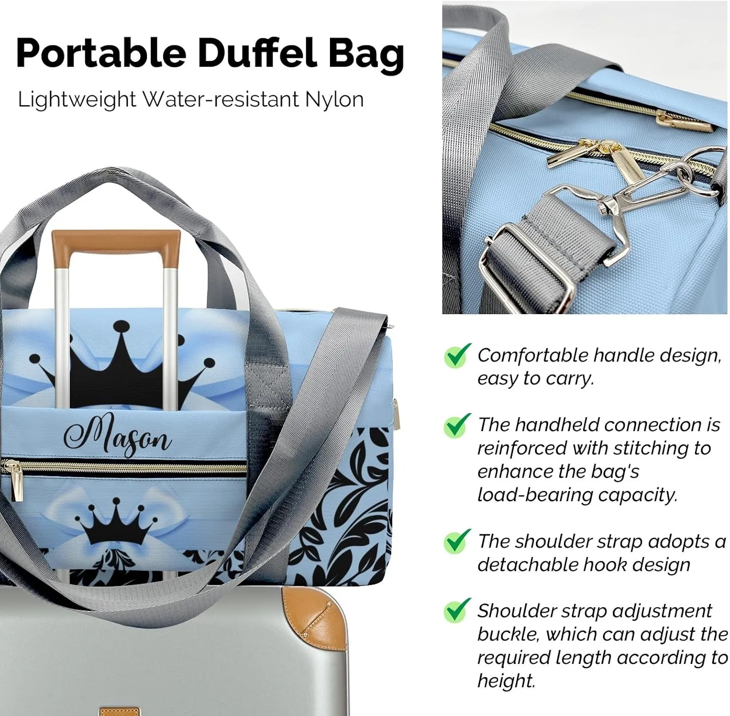 Princess Bow Black Blue 1 Personalized Duffel Bag,Custom Travel Gym Bag with Name,Waterproof Sports Overnight Bag with Shoe Compartment & Shoulder Strap