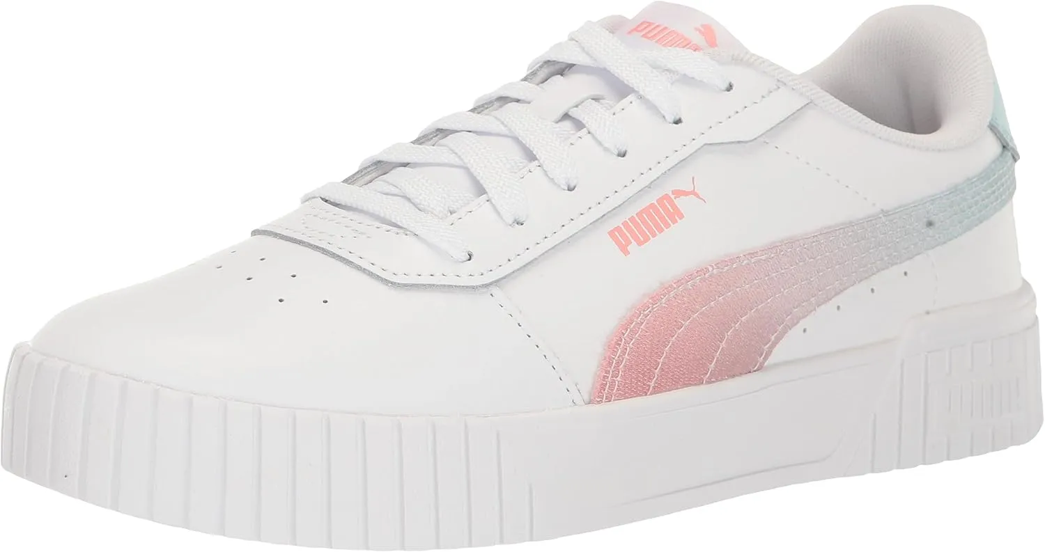 PUMA Women's CARINA 2.0 STITCHED Sneaker, PUMA White-Fusion Coral-Light Aqua, 8