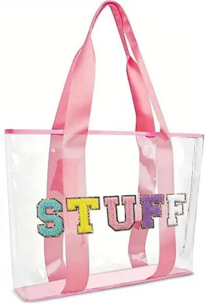 PVC Tote Bag with Chenille Letters for Women- Waterproof Transparent Reusable Large Capacity See-Through Design