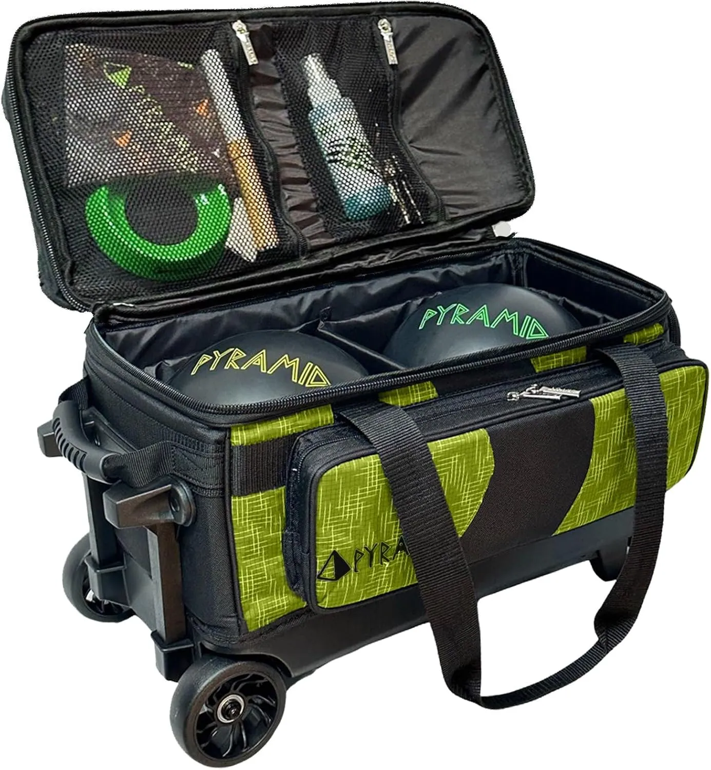 Pyramid Deluxe Double Roller 2 Ball Bowling Bag with Large Separate Shoe Compartment (Up To 2 Pairs Of Shoes) and Accessory Pockets, Sturdy Square Handle - Extends to 40" - Pro Options Available