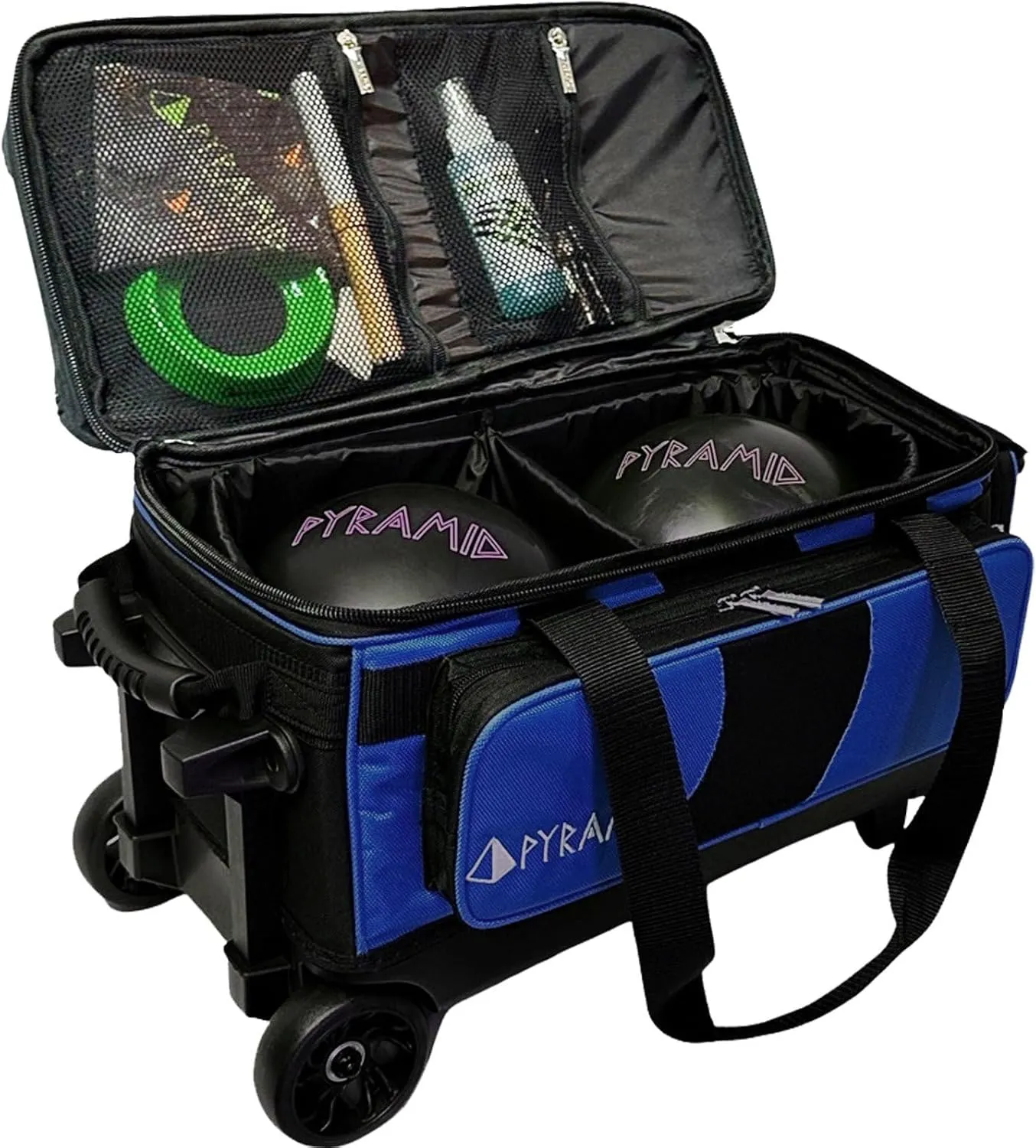 Pyramid Deluxe Double Roller 2 Ball Bowling Bag with Large Separate Shoe Compartment (Up To 2 Pairs Of Shoes) and Accessory Pockets, Sturdy Square Handle - Extends to 40" - Pro Options Available