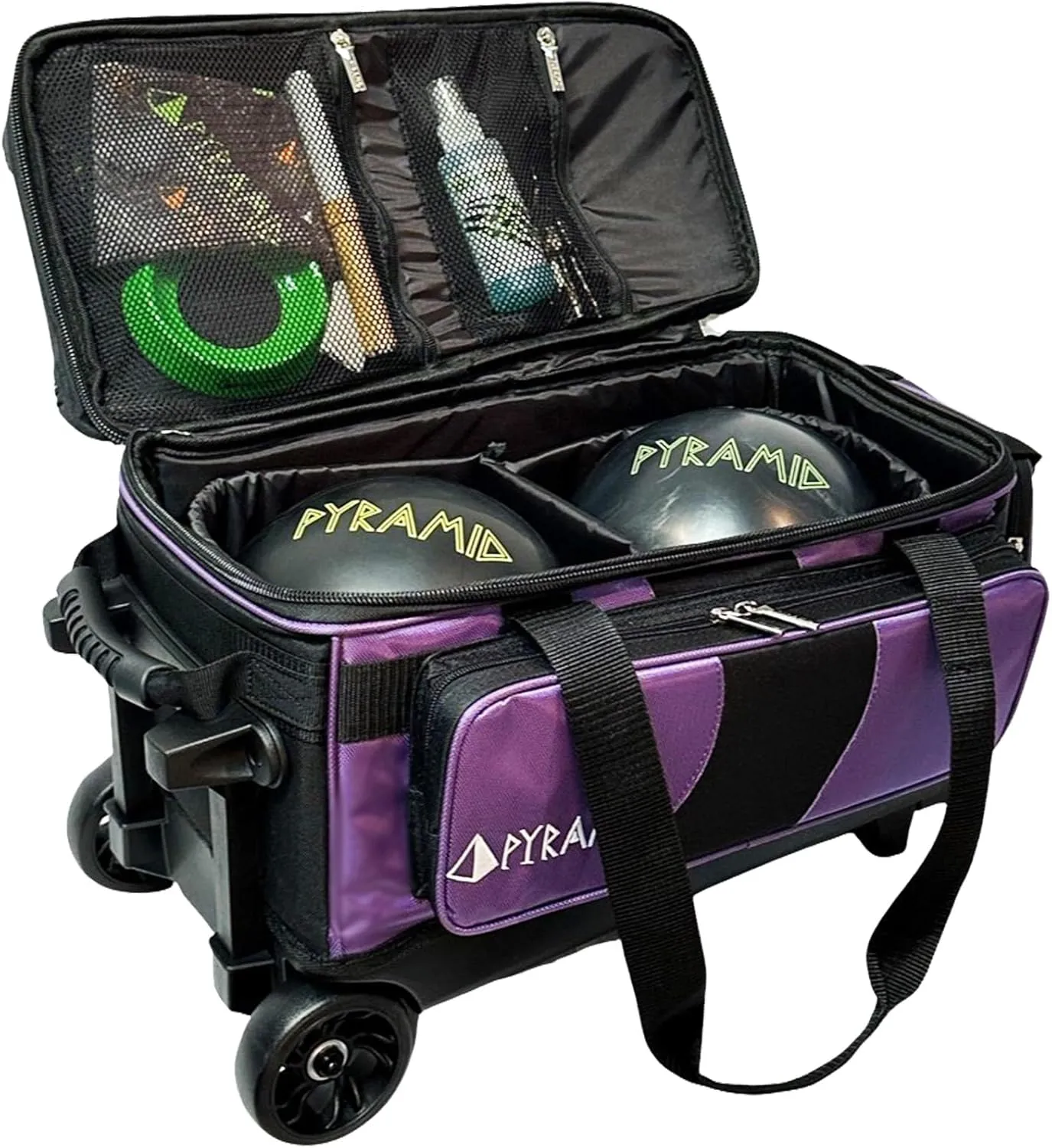 Pyramid Deluxe Double Roller 2 Ball Bowling Bag with Large Separate Shoe Compartment (Up To 2 Pairs Of Shoes) and Accessory Pockets, Sturdy Square Handle - Extends to 40" - Pro Options Available