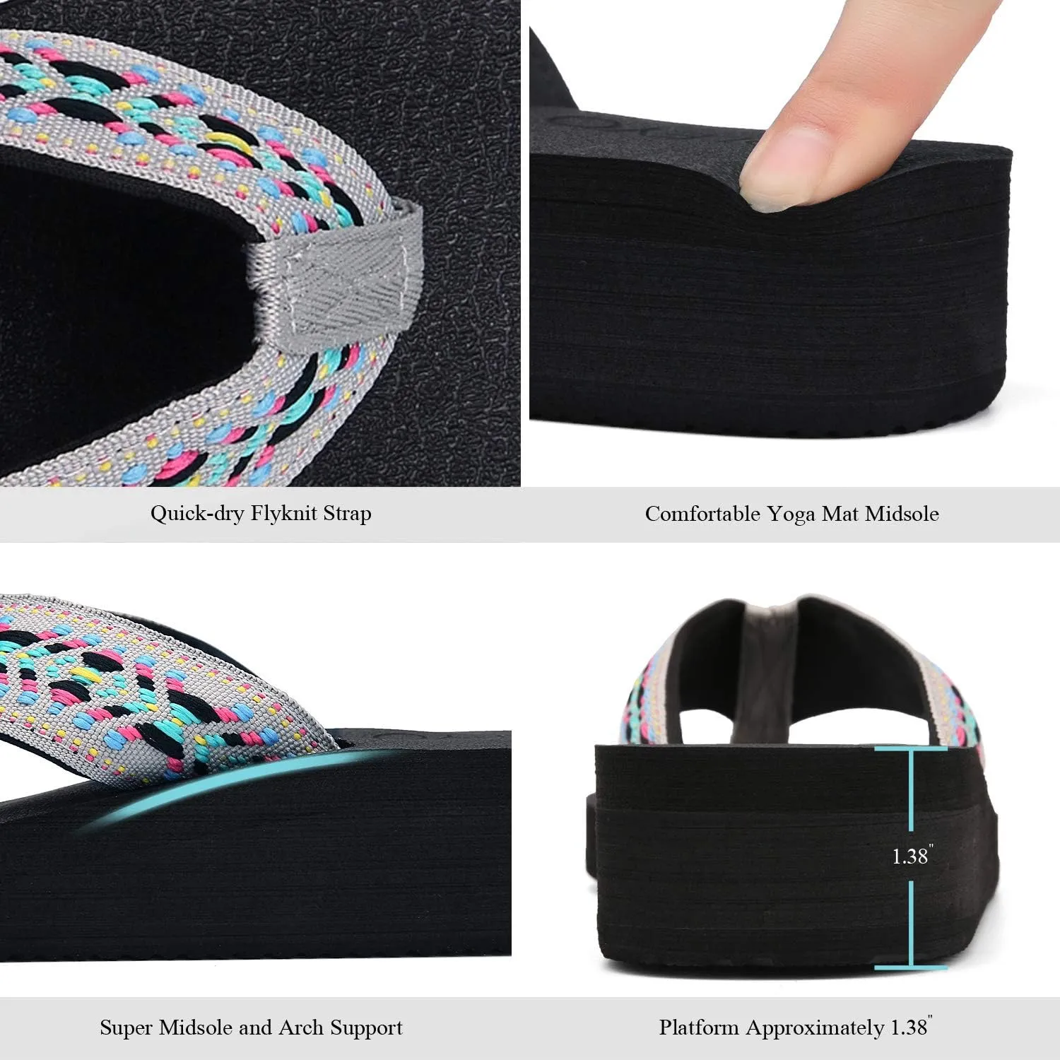 QLEYO Women's Platform Flip Flop with Arch Support, Comfortable Yoga Mat Wedge Flip-Flops, Athletic Walking Thong Slippers for Vacation/Shopping Mall/Wandering/Gathering