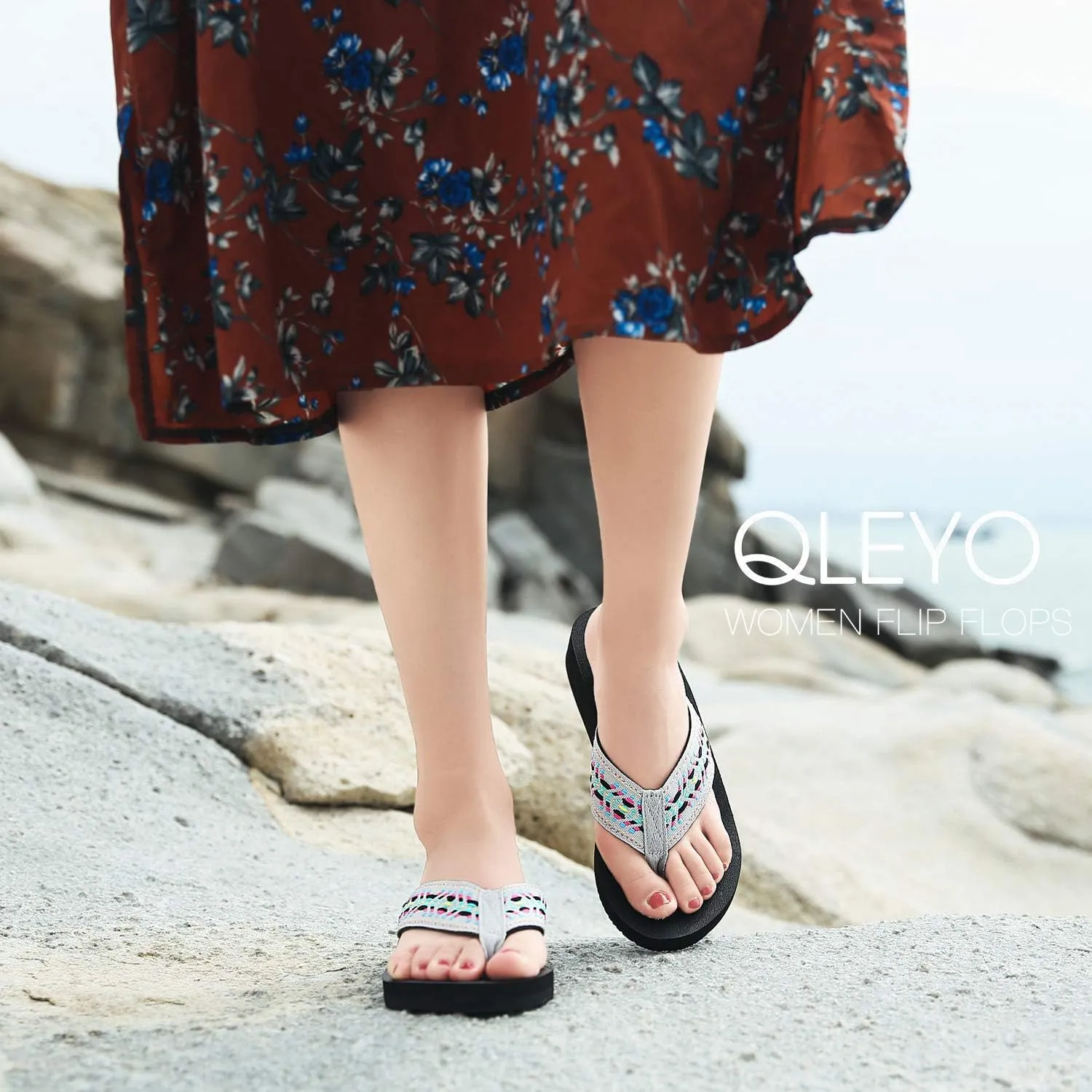 QLEYO Women's Platform Flip Flop with Arch Support, Comfortable Yoga Mat Wedge Flip-Flops, Athletic Walking Thong Slippers for Vacation/Shopping Mall/Wandering/Gathering