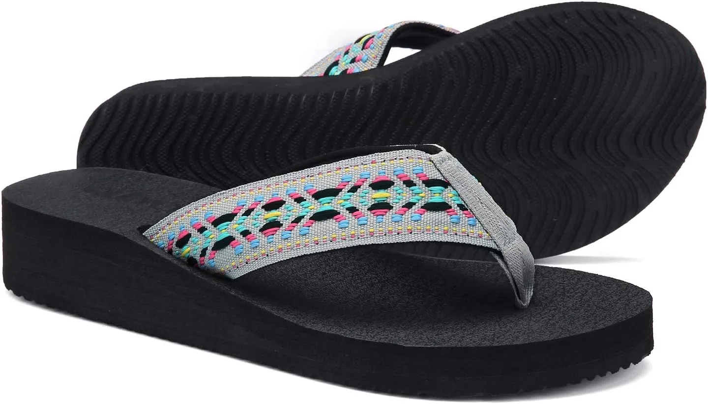 QLEYO Women's Platform Flip Flop with Arch Support, Comfortable Yoga Mat Wedge Flip-Flops, Athletic Walking Thong Slippers for Vacation/Shopping Mall/Wandering/Gathering