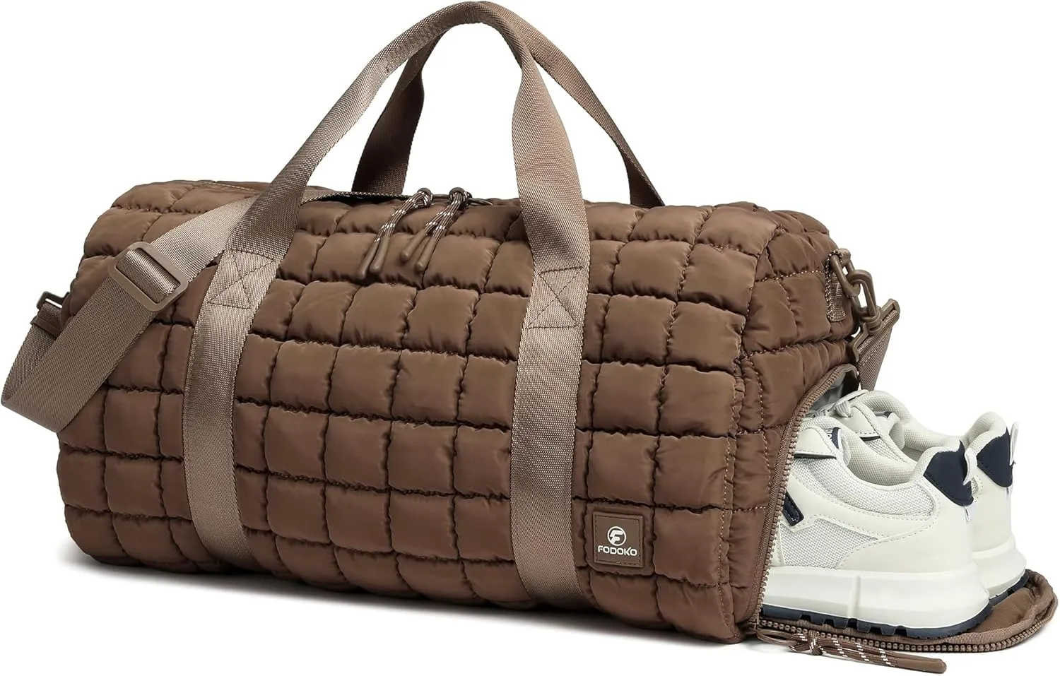 Quilted Duffel Bag for Women, Puffer Gym Duffle Bag with Shoe Compartment Lightweight Large Crossbody Sport Bag Travel Tote Brown
