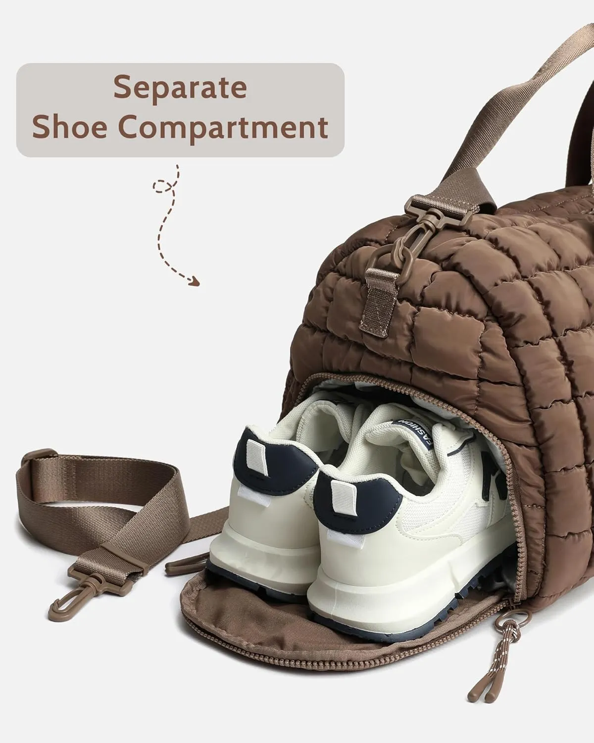 Quilted Duffel Bag for Women, Puffer Gym Duffle Bag with Shoe Compartment Lightweight Large Crossbody Sport Bag Travel Tote Brown
