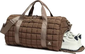 Quilted Duffel Bag for Women, Puffer Gym Duffle Bag with Shoe Compartment Lightweight Large Crossbody Sport Bag Travel Tote Brown