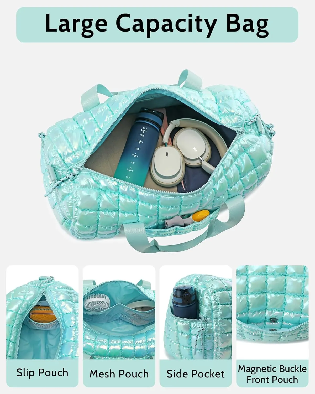 Quilted Duffel Bag for Women, Puffer Gym Duffle Bag with Shoe Compartment Lightweight Large Crossbody Sport Travel Bag Tote Blue Glacier