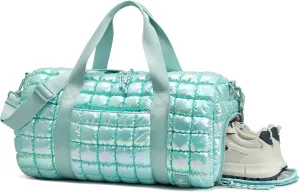 Quilted Duffel Bag for Women, Puffer Gym Duffle Bag with Shoe Compartment Lightweight Large Crossbody Sport Travel Bag Tote Blue Glacier