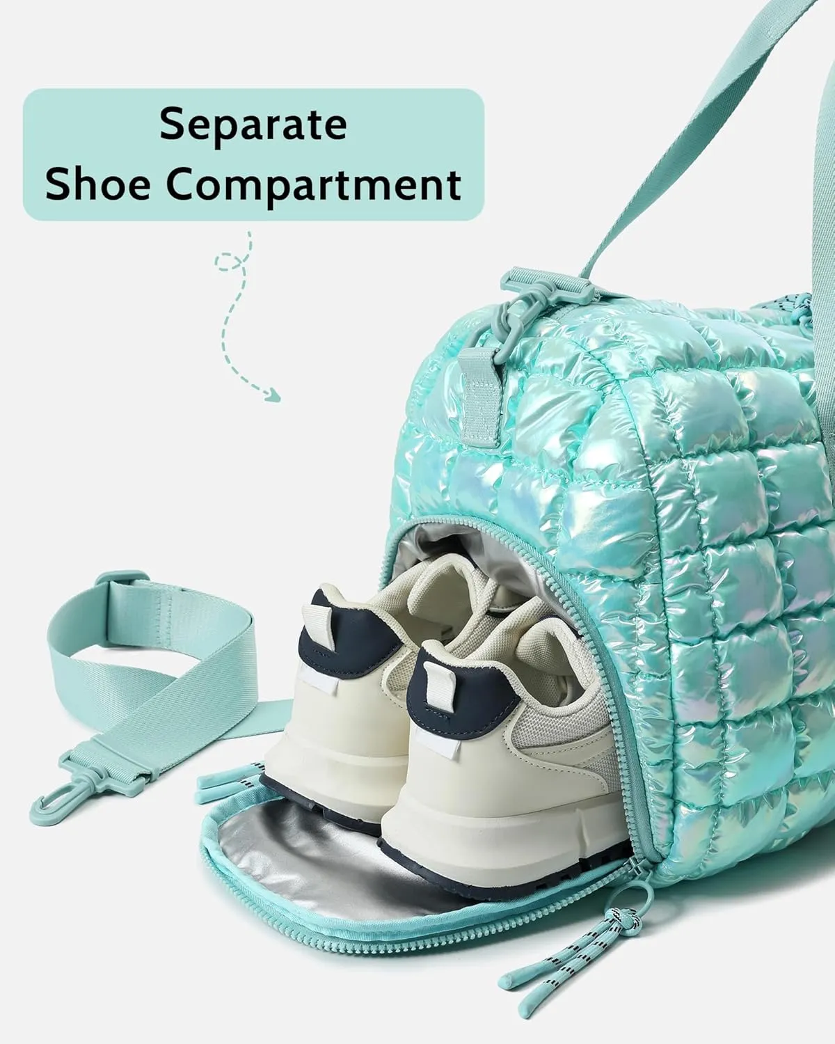 Quilted Duffel Bag for Women, Puffer Gym Duffle Bag with Shoe Compartment Lightweight Large Crossbody Sport Travel Bag Tote Blue Glacier