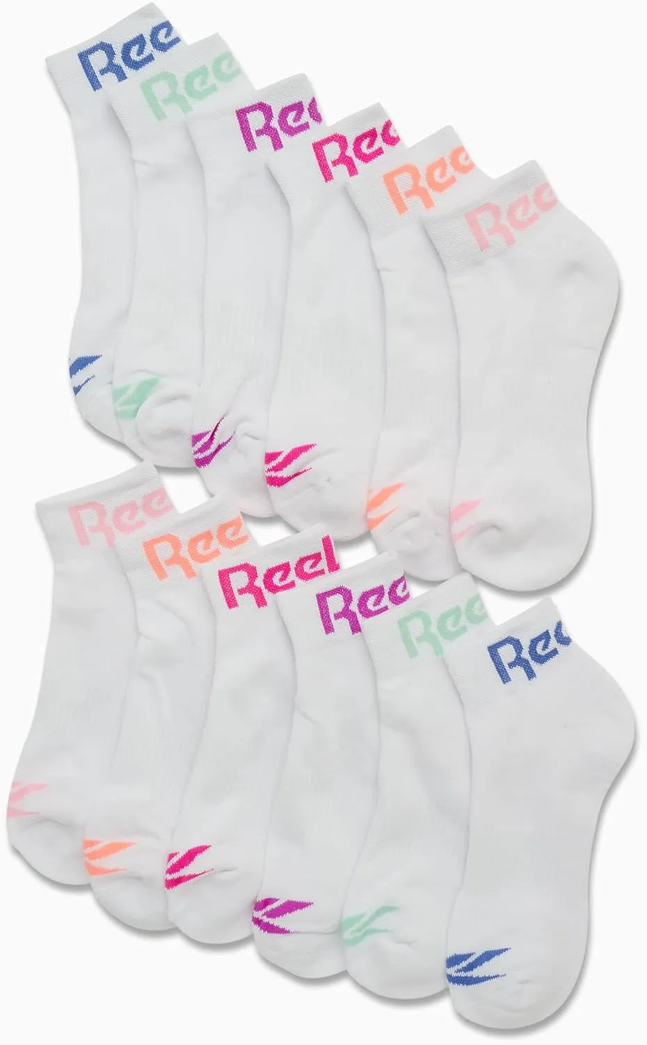 Reebok Girls' Quarter Socks - 12 Pack Stretch Performance Quarter Cut Arch Support Socks - Cushioned Athletic Socks for Girls