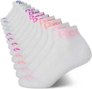 Reebok Girls' Quarter Socks - 12 Pack Stretch Performance Quarter Cut Arch Support Socks - Cushioned Athletic Socks for Girls