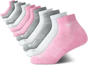 Reebok Girls' Quarter Socks - 12 Pack Stretch Performance Quarter Cut Arch Support Socks - Cushioned Athletic Socks for Girls
