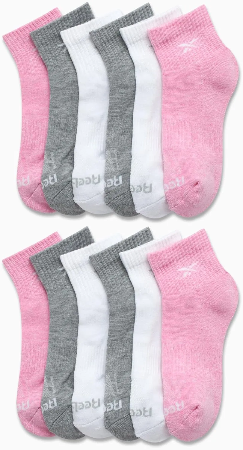 Reebok Girls' Quarter Socks - 12 Pack Stretch Performance Quarter Cut Arch Support Socks - Cushioned Athletic Socks for Girls