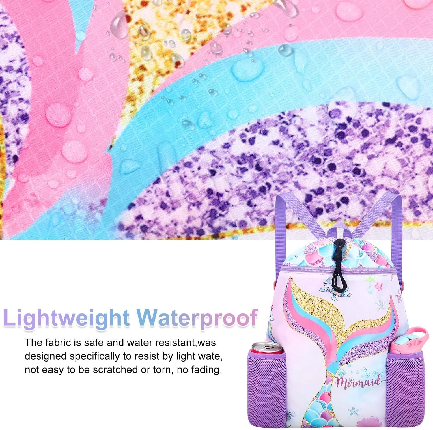 RHCPFOVR Mermaid Swim Bags for Kids - Drawstring Backpack for Girls Beach Swimming Pool Lightweight Draw String Bags Waterproof Sports Gym Bag With Two Water Bottle Holder
