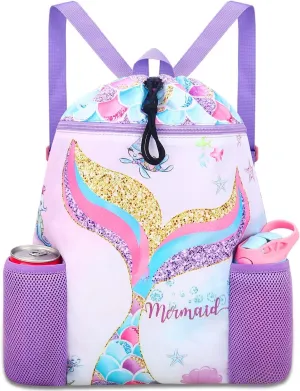 RHCPFOVR Mermaid Swim Bags for Kids - Drawstring Backpack for Girls Beach Swimming Pool Lightweight Draw String Bags Waterproof Sports Gym Bag With Two Water Bottle Holder