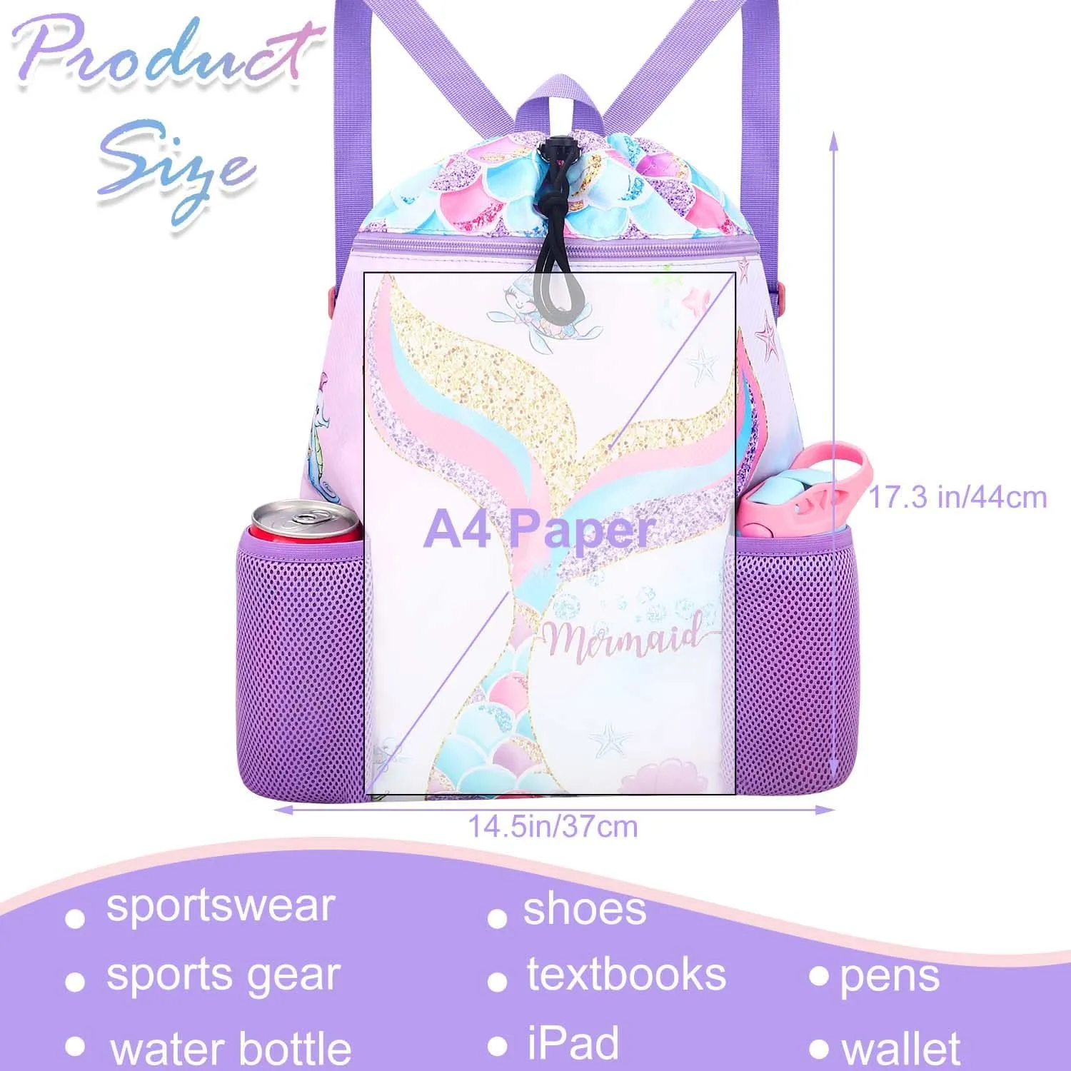 RHCPFOVR Mermaid Swim Bags for Kids - Drawstring Backpack for Girls Beach Swimming Pool Lightweight Draw String Bags Waterproof Sports Gym Bag With Two Water Bottle Holder