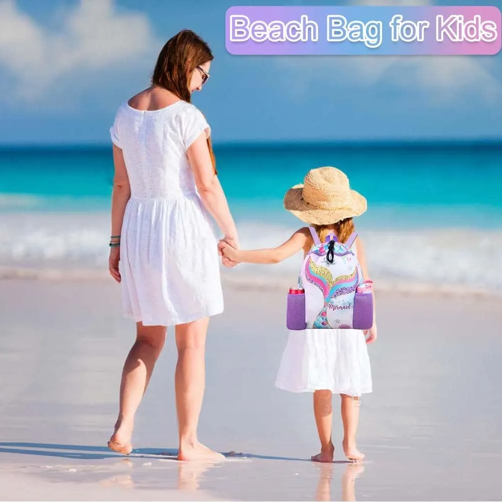 RHCPFOVR Mermaid Swim Bags for Kids - Drawstring Backpack for Girls Beach Swimming Pool Lightweight Draw String Bags Waterproof Sports Gym Bag With Two Water Bottle Holder
