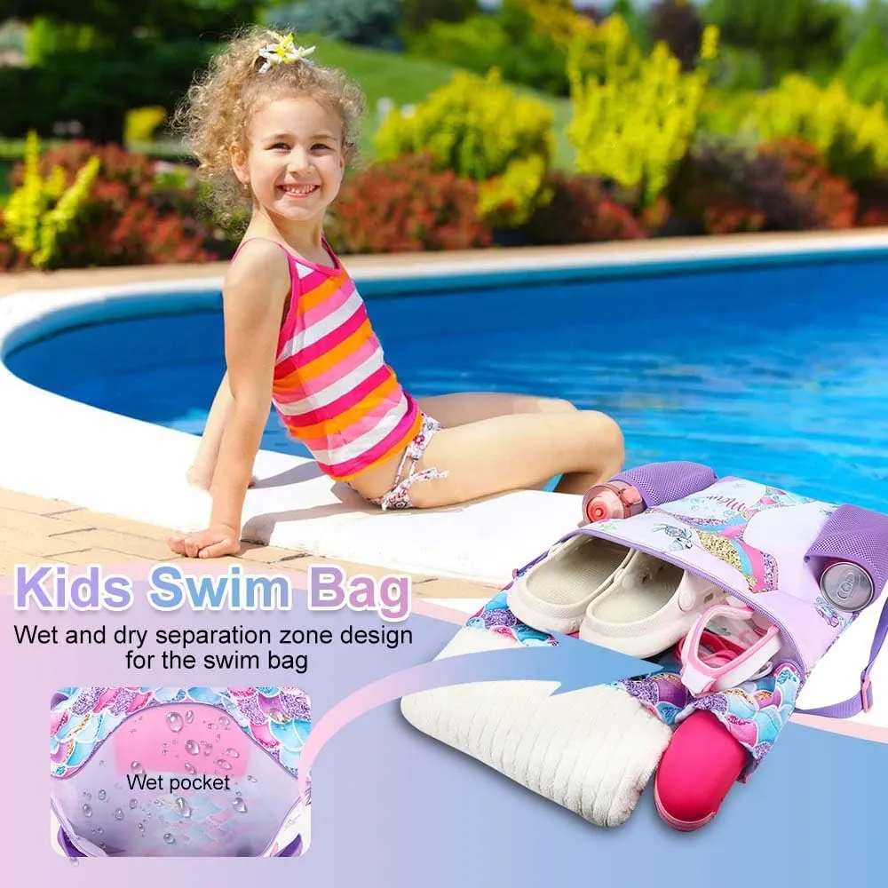 RHCPFOVR Mermaid Swim Bags for Kids - Drawstring Backpack for Girls Beach Swimming Pool Lightweight Draw String Bags Waterproof Sports Gym Bag With Two Water Bottle Holder