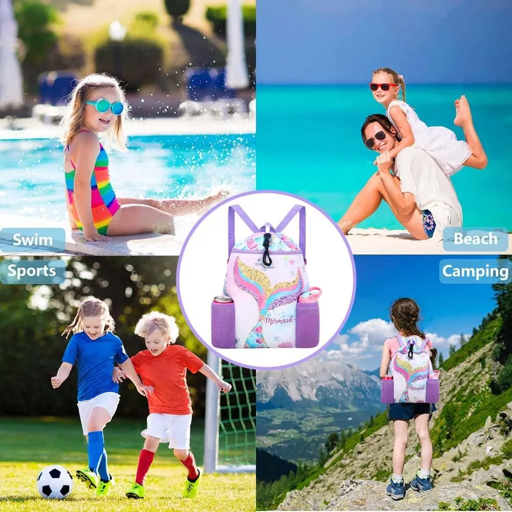 RHCPFOVR Mermaid Swim Bags for Kids - Drawstring Backpack for Girls Beach Swimming Pool Lightweight Draw String Bags Waterproof Sports Gym Bag With Two Water Bottle Holder