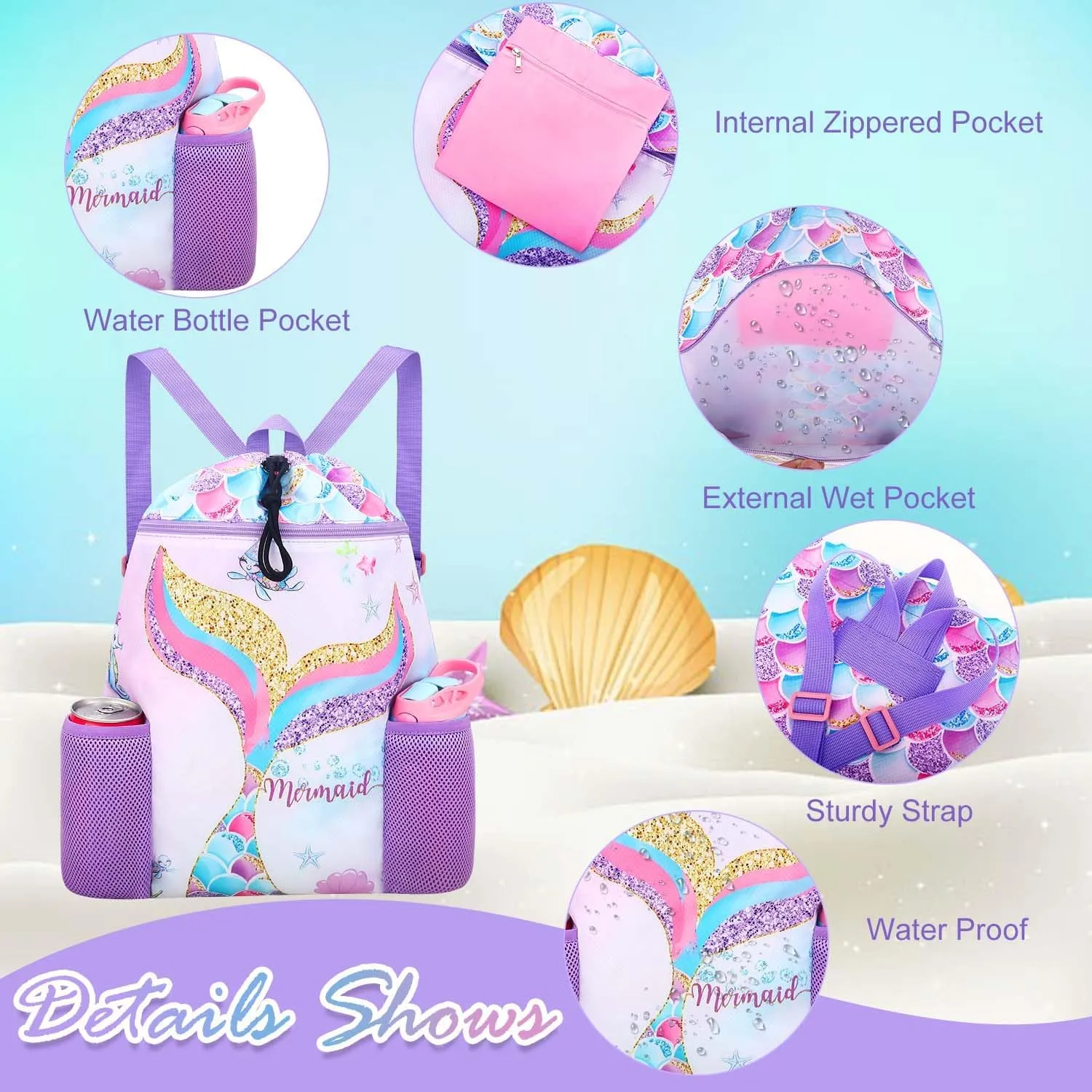 RHCPFOVR Mermaid Swim Bags for Kids - Drawstring Backpack for Girls Beach Swimming Pool Lightweight Draw String Bags Waterproof Sports Gym Bag With Two Water Bottle Holder