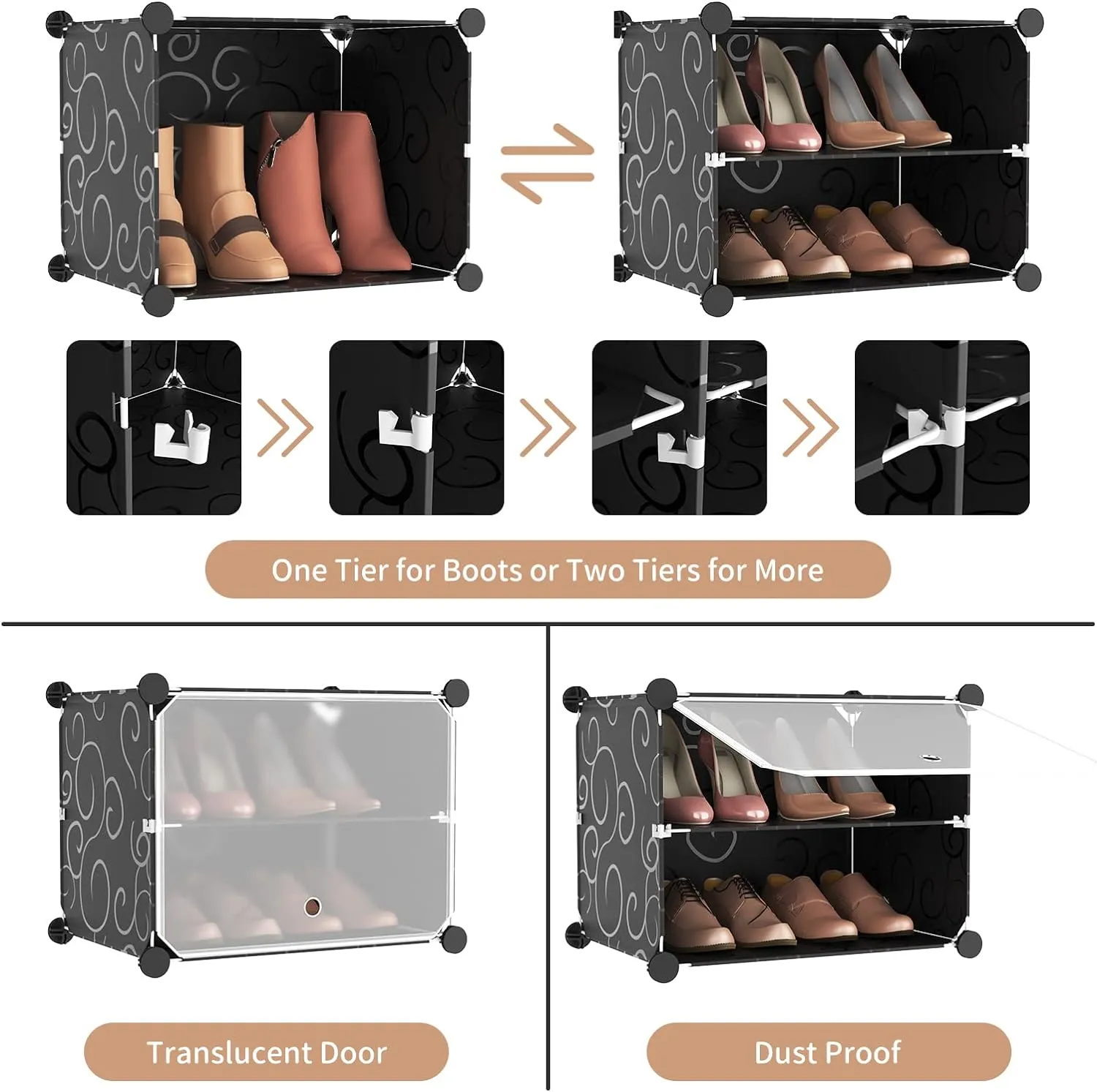ROJASOP Portable 8-Tier Shoe Cabinet - 48-Pair Shoe Organizer with Expandable, Free Standing, Stackable Space Saving Design and 2 Exclusive Versatile Hooks for Bedroom