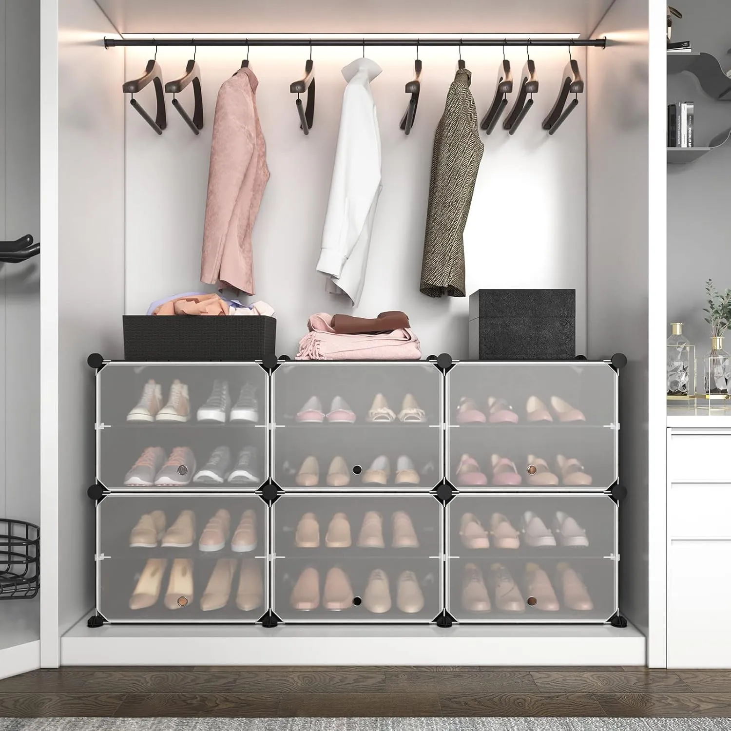 ROJASOP Portable Shoe Rack Organizer 6-Tier Shoe Cabinet 24-Pair shoe Storage Expandable Free Standing Stackable Space Shoe Rack with 2 exclusive Versatile Hooks for Bedroom Black