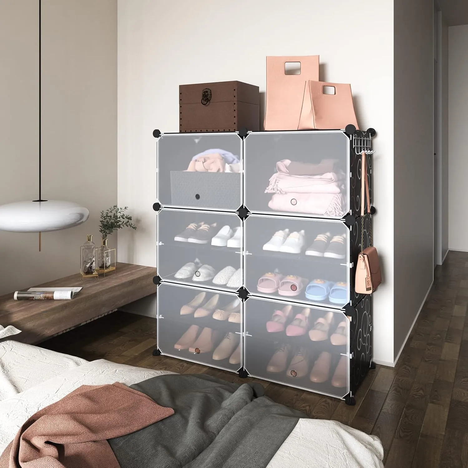 ROJASOP Portable Shoe Rack Organizer 6-Tier Shoe Cabinet 24-Pair shoe Storage Expandable Free Standing Stackable Space Shoe Rack with 2 exclusive Versatile Hooks for Bedroom Black