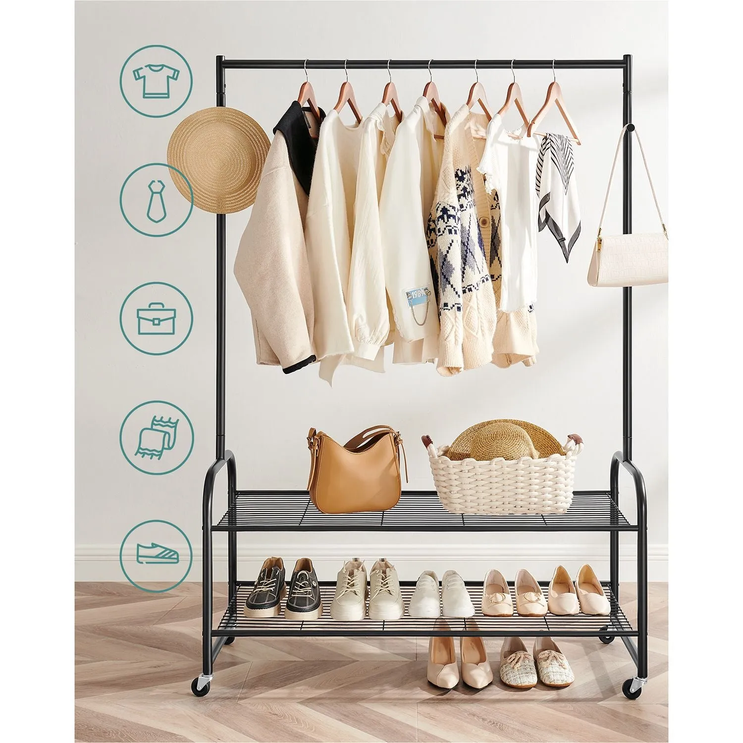 Rootz Clothes Rack with Shoe Rack - Garment Stand - Clothes Hanger - Space Saver - 115cm x 45cm x 168.5cm