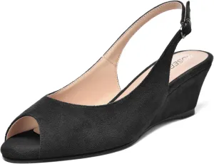 ROSERWISH Womens Casual Dating Buckle Stylish Peep Toe Suede Slingback Wedge Low Heel Pumps Shoes 2 Inch