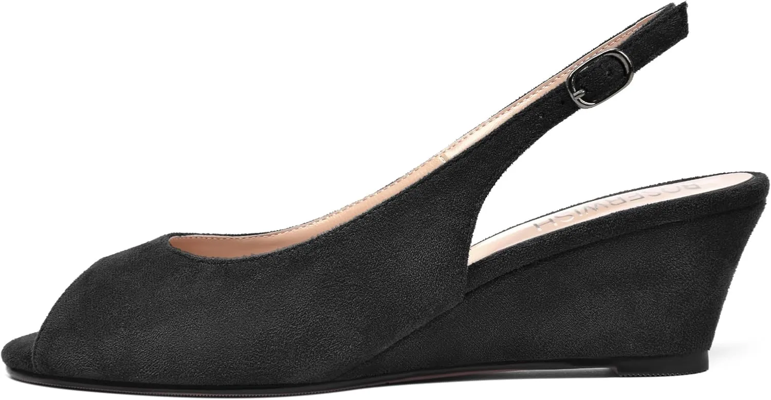 ROSERWISH Womens Casual Dating Buckle Stylish Peep Toe Suede Slingback Wedge Low Heel Pumps Shoes 2 Inch