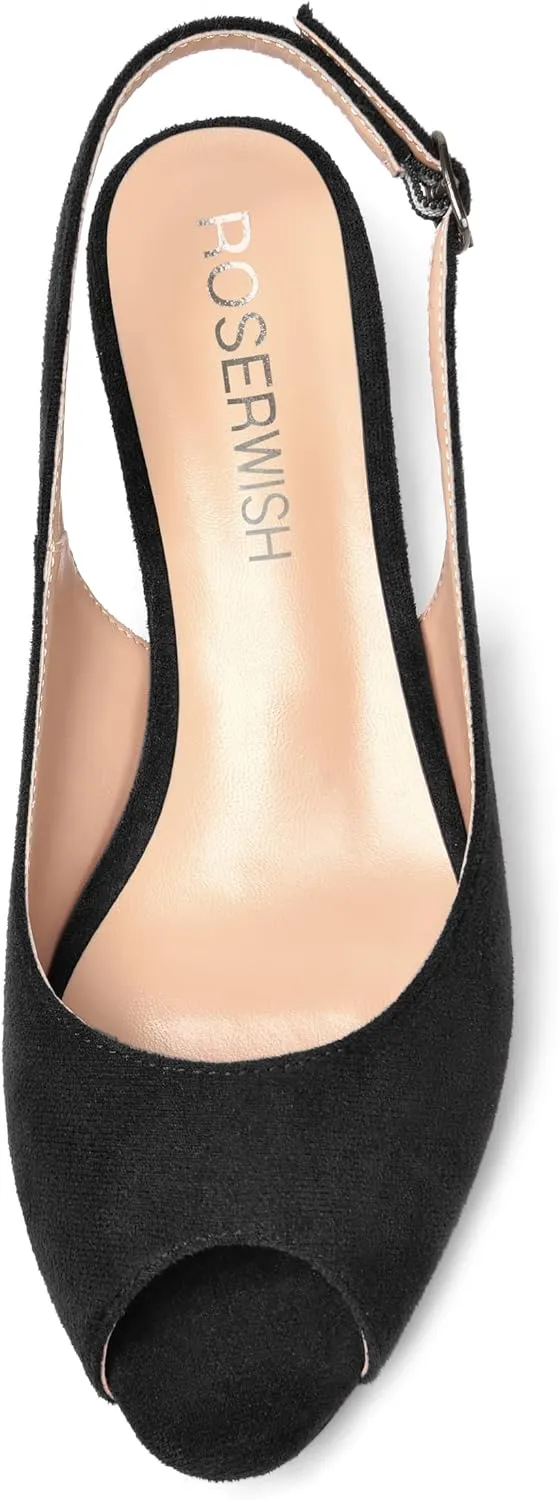 ROSERWISH Womens Casual Dating Buckle Stylish Peep Toe Suede Slingback Wedge Low Heel Pumps Shoes 2 Inch