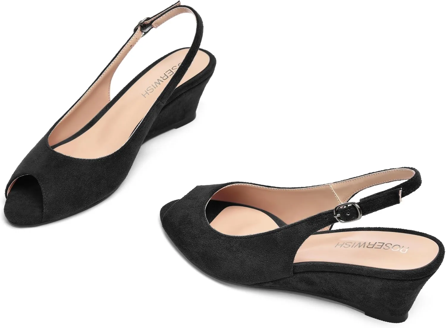 ROSERWISH Womens Casual Dating Buckle Stylish Peep Toe Suede Slingback Wedge Low Heel Pumps Shoes 2 Inch