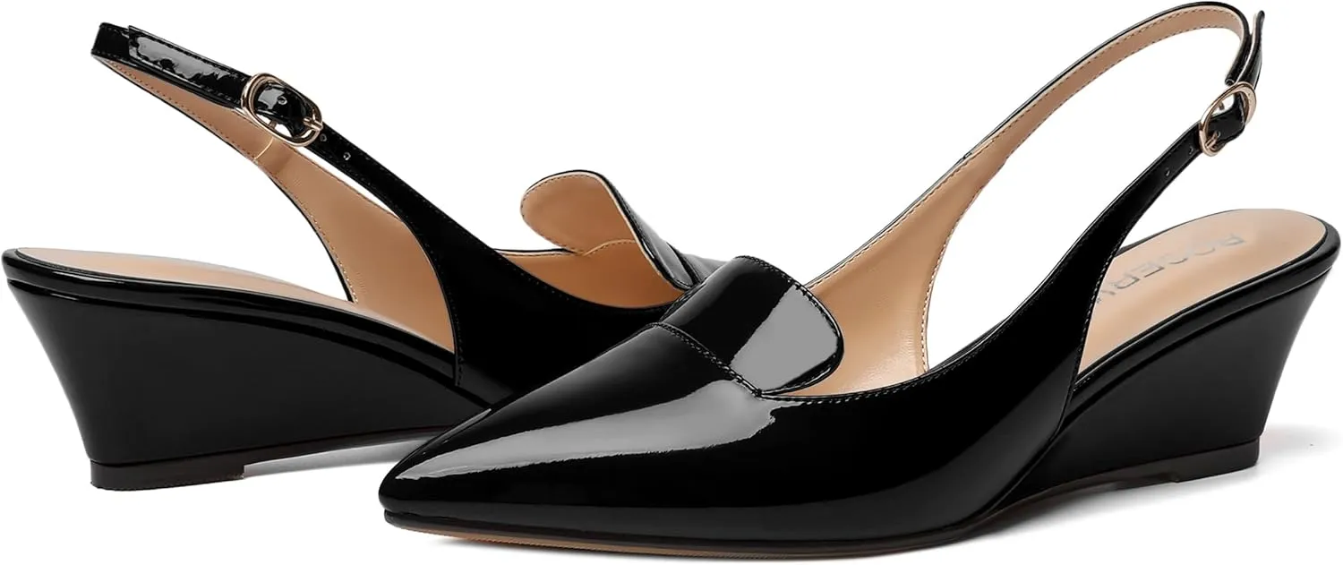 ROSERWISH Womens Pointed Toe Slingback Patent Party Office Buckle Dress Wedge Low Heel Pumps Shoes 2 Inch
