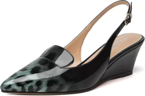 ROSERWISH Womens Pointed Toe Slingback Patent Party Office Buckle Dress Wedge Low Heel Pumps Shoes 2 Inch