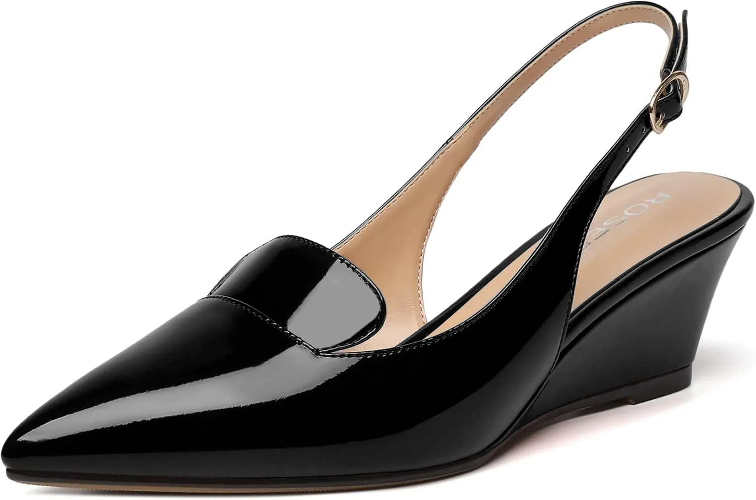 ROSERWISH Womens Pointed Toe Slingback Patent Party Office Buckle Dress Wedge Low Heel Pumps Shoes 2 Inch