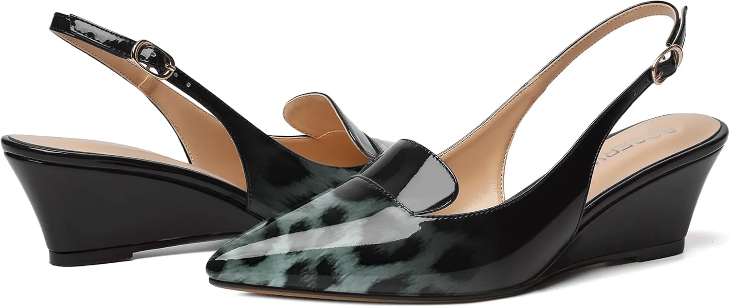 ROSERWISH Womens Pointed Toe Slingback Patent Party Office Buckle Dress Wedge Low Heel Pumps Shoes 2 Inch