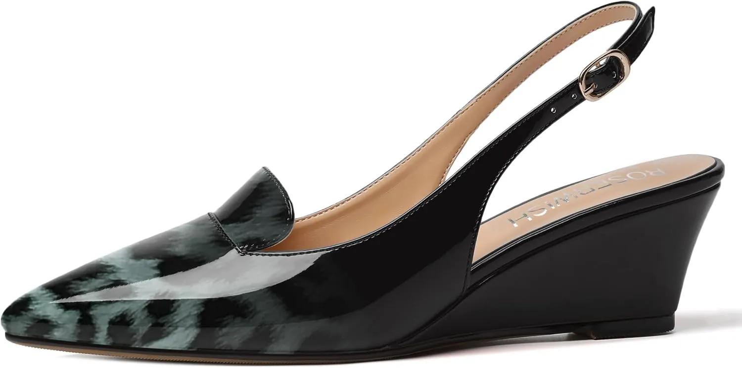 ROSERWISH Womens Pointed Toe Slingback Patent Party Office Buckle Dress Wedge Low Heel Pumps Shoes 2 Inch