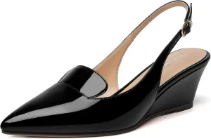 ROSERWISH Womens Pointed Toe Slingback Patent Party Office Buckle Dress Wedge Low Heel Pumps Shoes 2 Inch