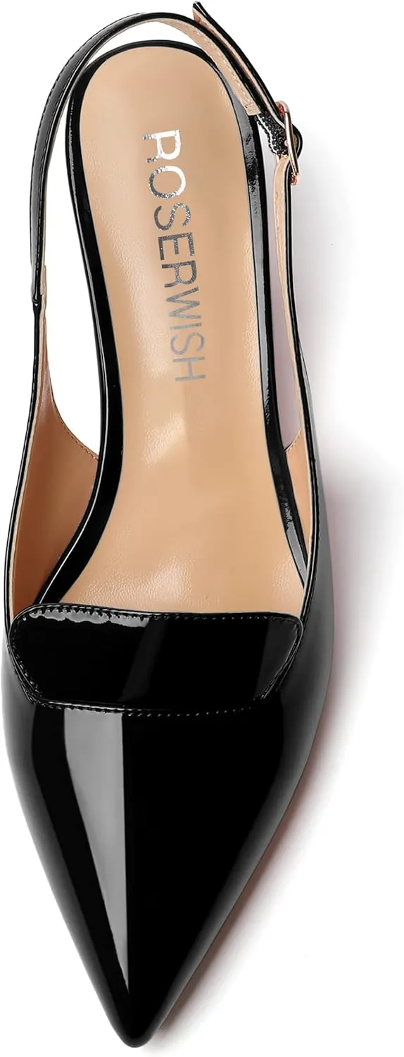 ROSERWISH Womens Pointed Toe Slingback Patent Party Office Buckle Dress Wedge Low Heel Pumps Shoes 2 Inch