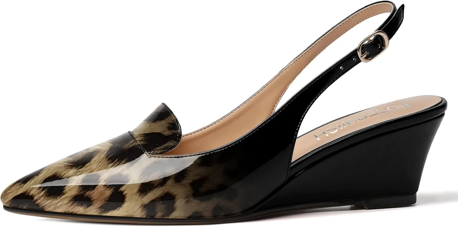 ROSERWISH Womens Pointed Toe Slingback Patent Party Office Buckle Dress Wedge Low Heel Pumps Shoes 2 Inch