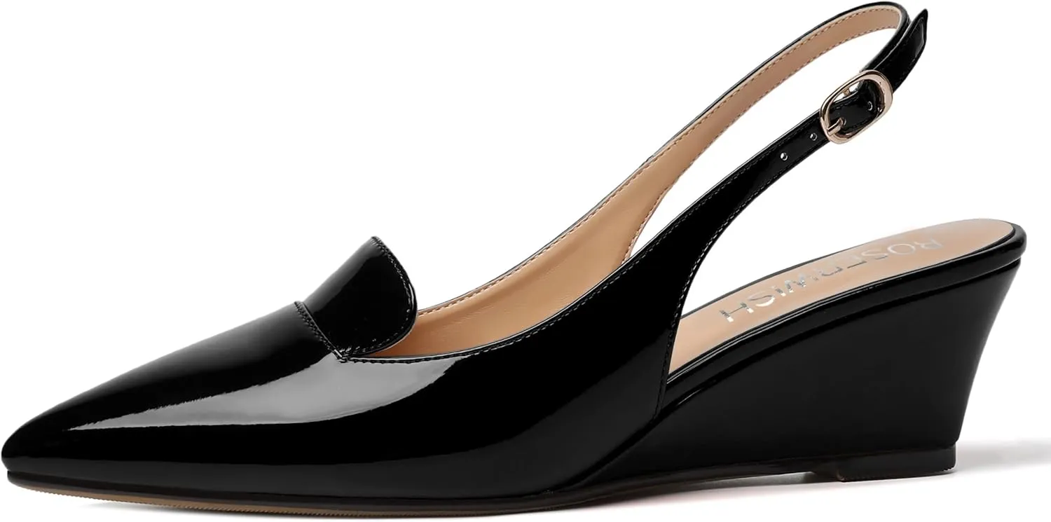 ROSERWISH Womens Pointed Toe Slingback Patent Party Office Buckle Dress Wedge Low Heel Pumps Shoes 2 Inch
