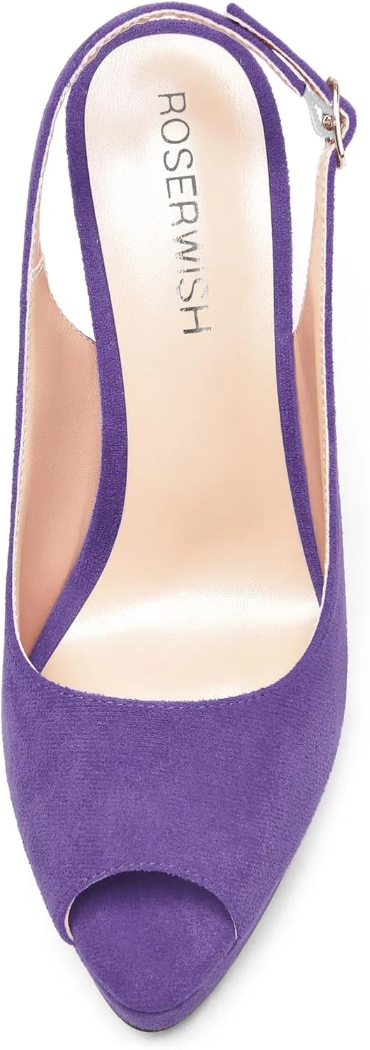 ROSERWISH Womens Slingback Platform Buckle Sexy Evening Peep Toe Suede Fashion Stiletto High Heel Pumps Shoes 4.7 Inch