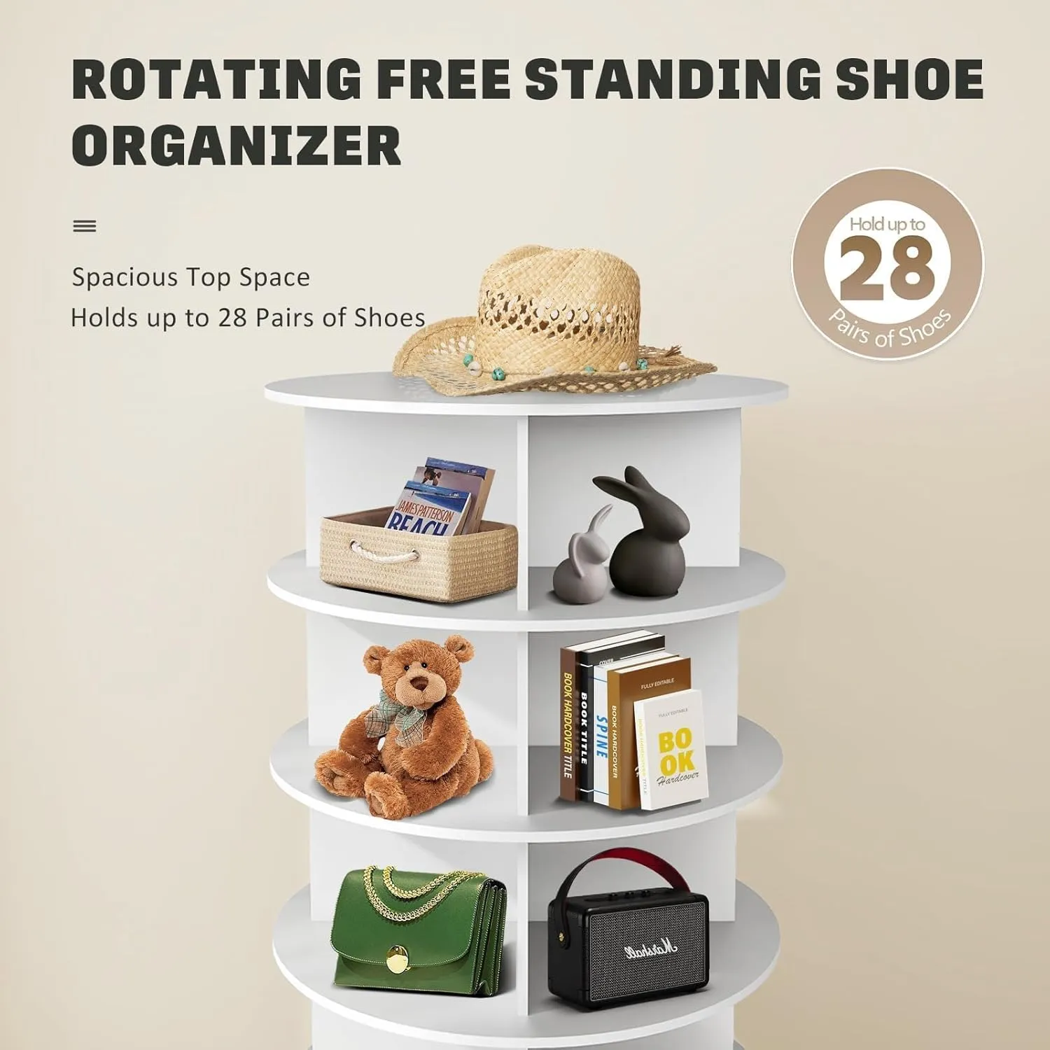 Rotating Shoe Rack Tower, 360° Revolving Round Free Standing Shoe Organizer, 6-Tier Spinning Shoe Display Lazy Susan, Rotate Circular Shelf Storage for Shoes or Handbags (White)