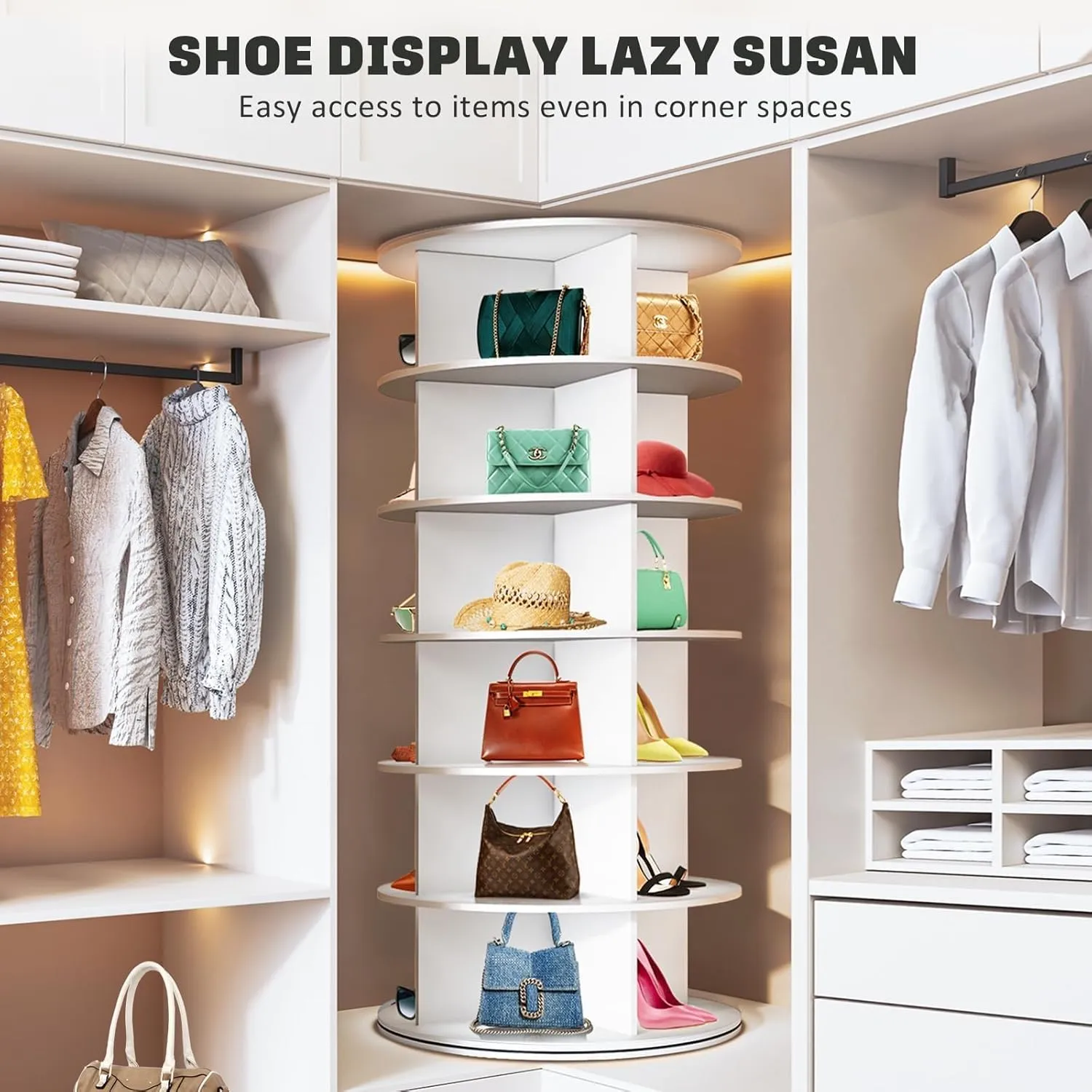 Rotating Shoe Rack Tower, 360° Revolving Round Free Standing Shoe Organizer, 6-Tier Spinning Shoe Display Lazy Susan, Rotate Circular Shelf Storage for Shoes or Handbags (White)