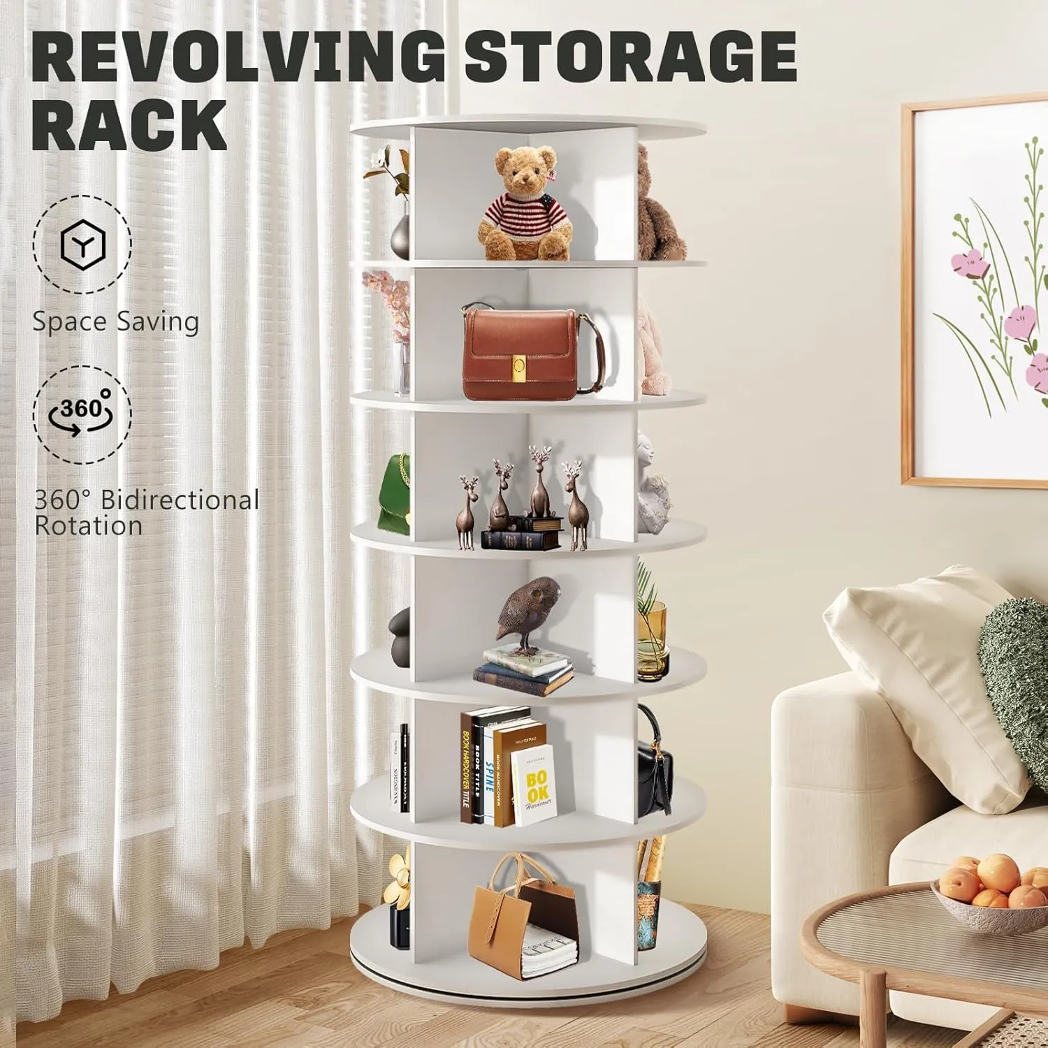 Rotating Shoe Rack Tower, 360° Revolving Round Free Standing Shoe Organizer, 6-Tier Spinning Shoe Display Lazy Susan, Rotate Circular Shelf Storage for Shoes or Handbags (White)