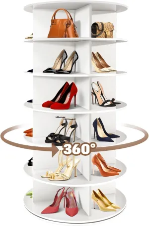 Rotating Shoe Rack Tower, 360° Revolving Round Free Standing Shoe Organizer, 6-Tier Spinning Shoe Display Lazy Susan, Rotate Circular Shelf Storage for Shoes or Handbags (White)