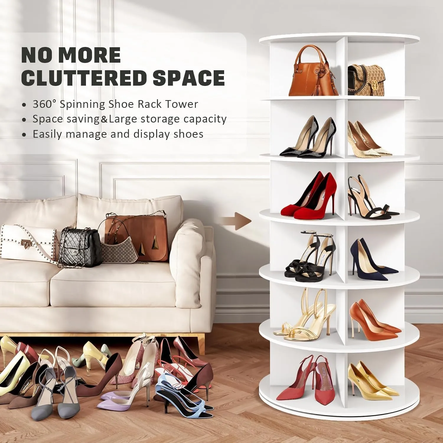 Rotating Shoe Rack Tower, 360° Revolving Round Free Standing Shoe Organizer, 6-Tier Spinning Shoe Display Lazy Susan, Rotate Circular Shelf Storage for Shoes or Handbags (White)
