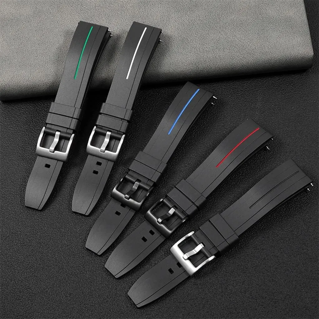 Rubber Watch Strap 20mm 22mm Black Colorful Line Waterproof Sport Watch Band Quick Relase Watchbands(Black Green 2,20mm)